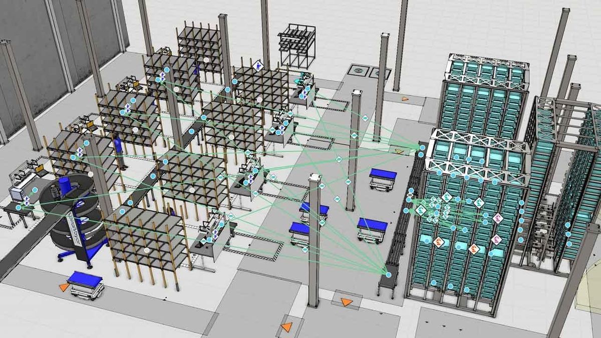 3D logistics simulation with storage racks, mobile robots and connected route nodes