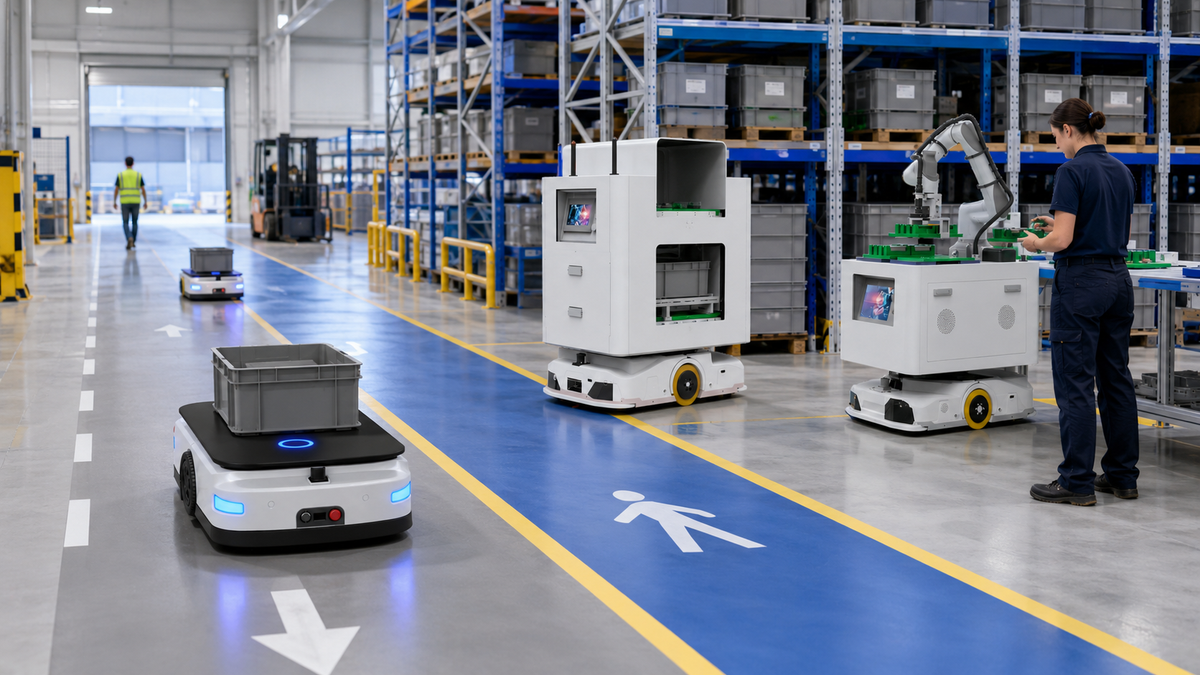 Warehouse robotics monitored through control software while AMRs and robotic arms handle internal flows