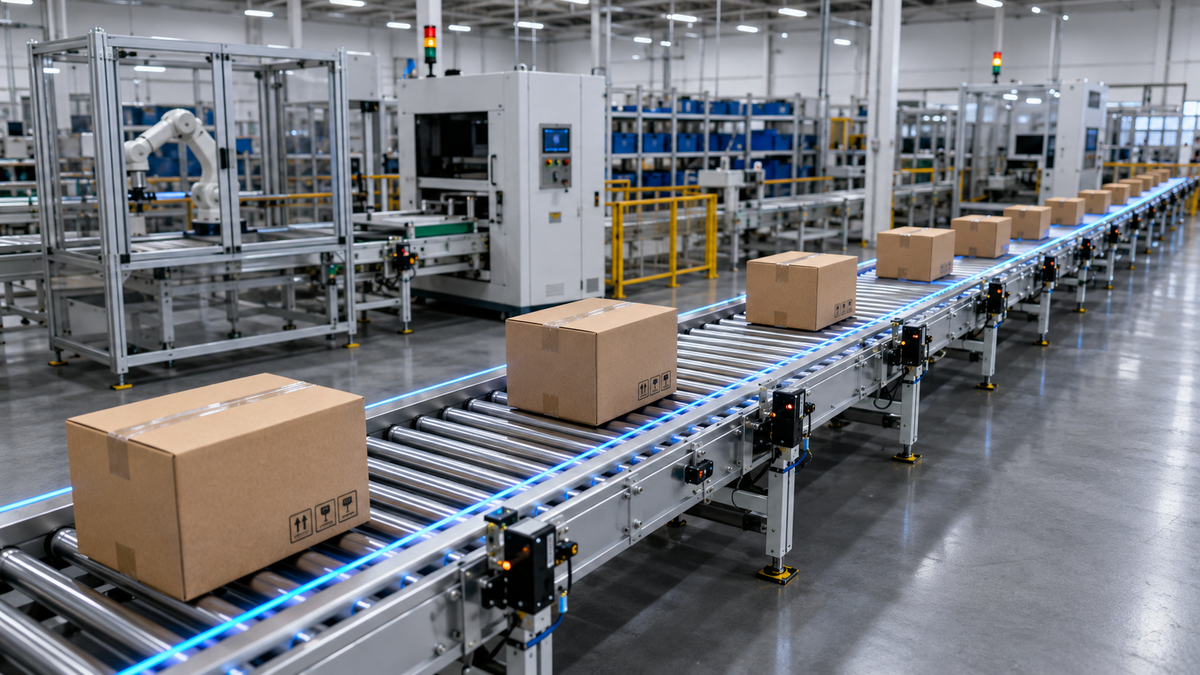 Accumulation conveyor supplying cartons to robotic automation equipment