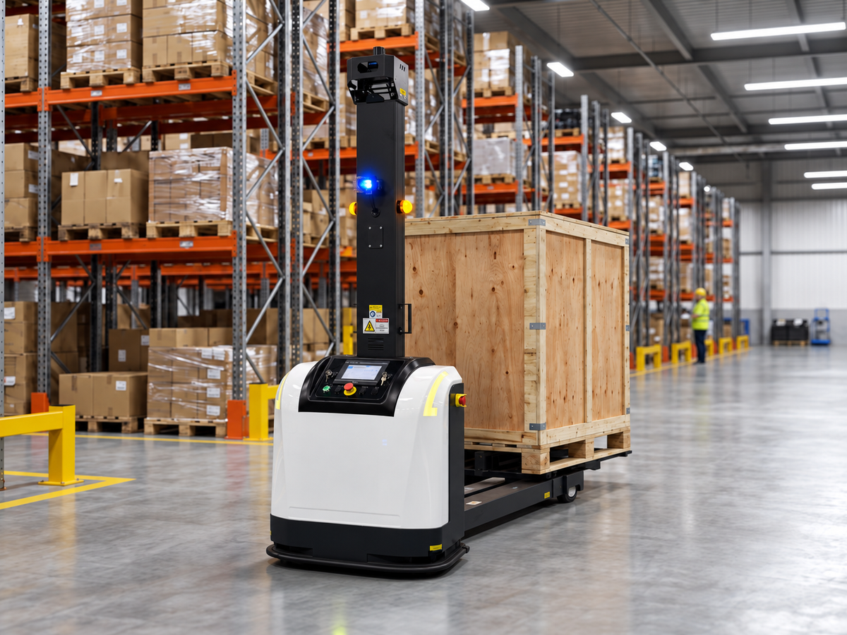 Autonomous pallet transport vehicle carrying a wooden crate through a warehouse