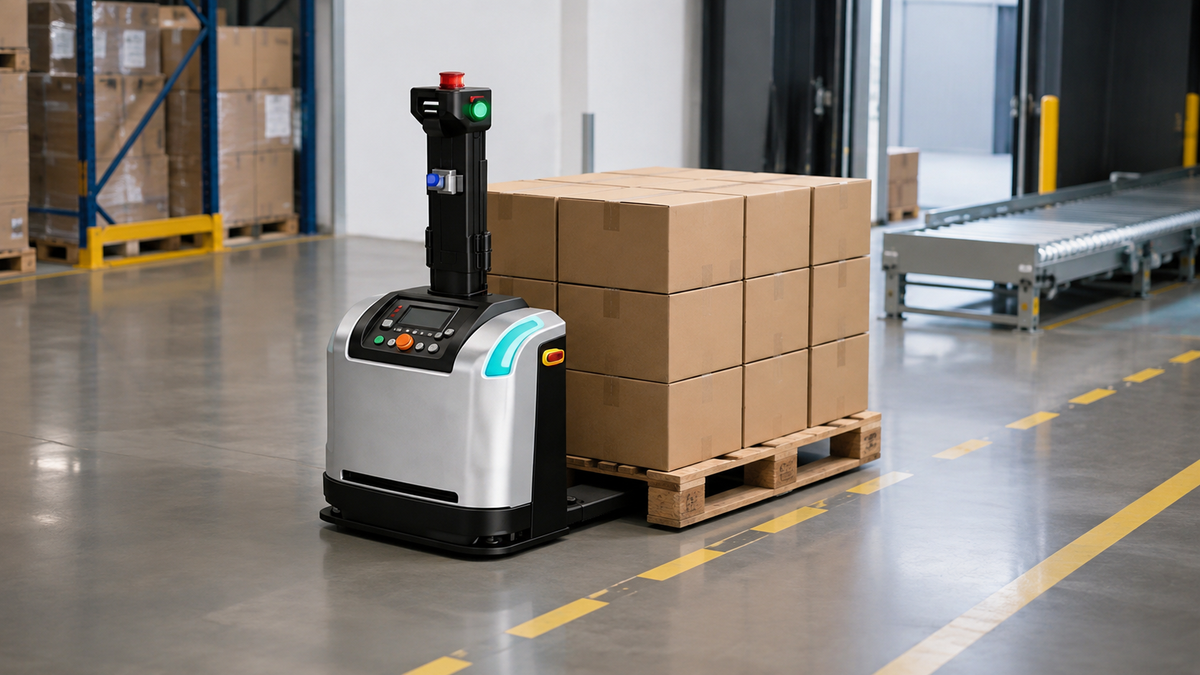 Autonomous pallet handling robot transporting a full pallet in a warehouse