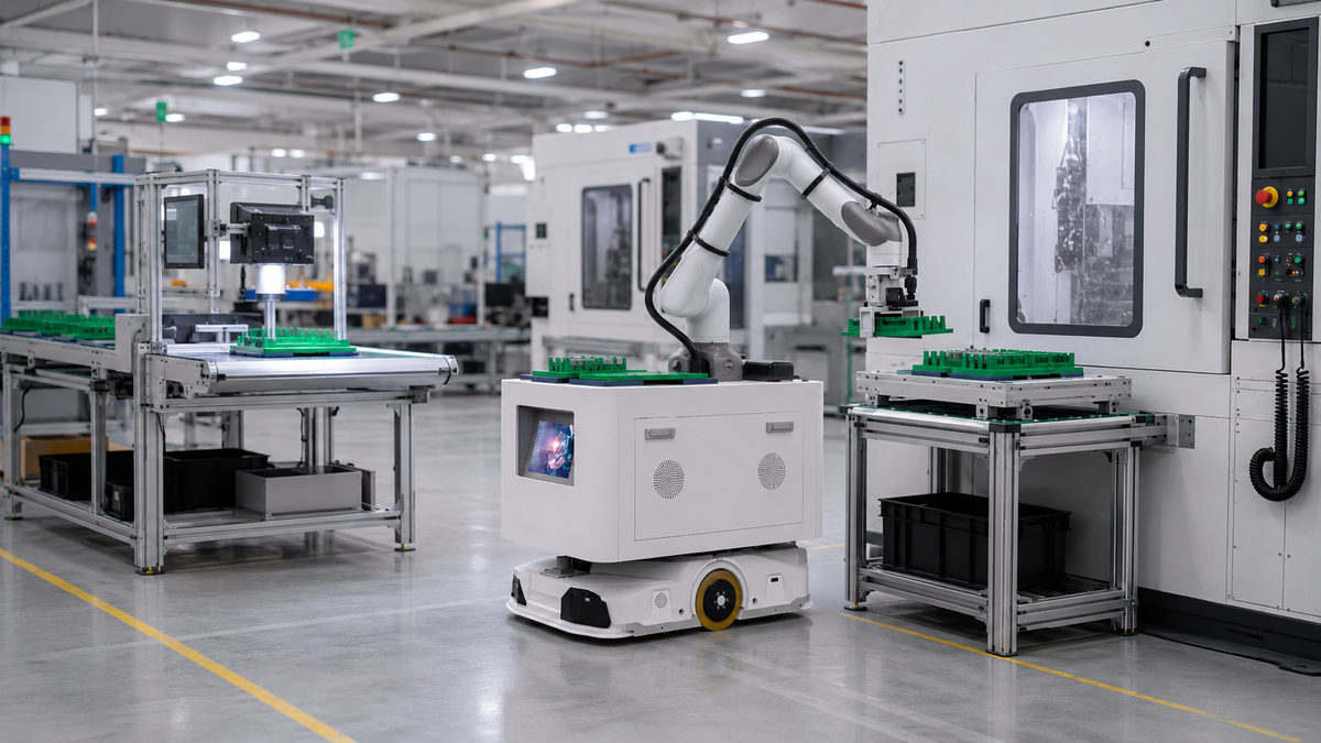 Mobile manipulator robot serving multiple automation stations in a factory cell layout.