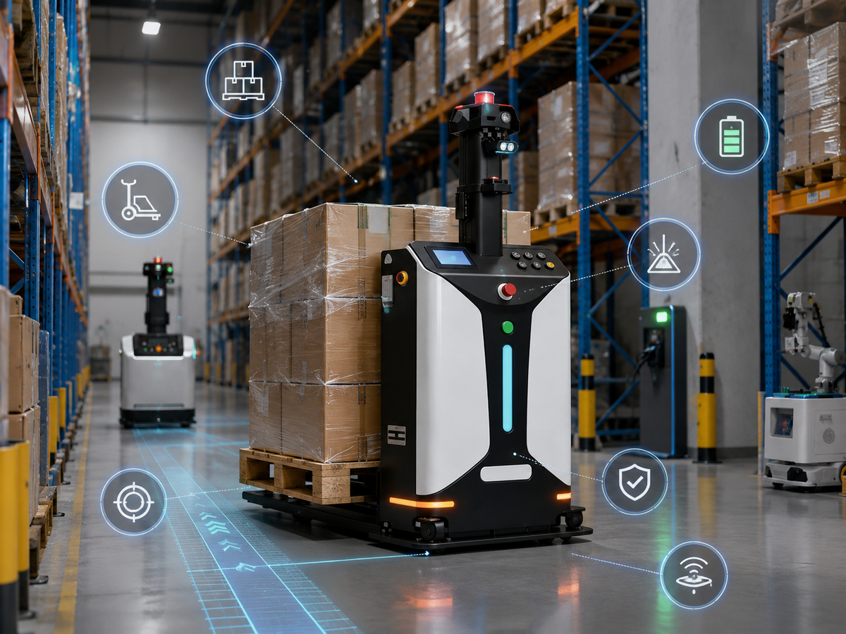 AGV forklift in a warehouse aisle with overlays for pallet handling, battery, safety, positioning, and sensing functions.