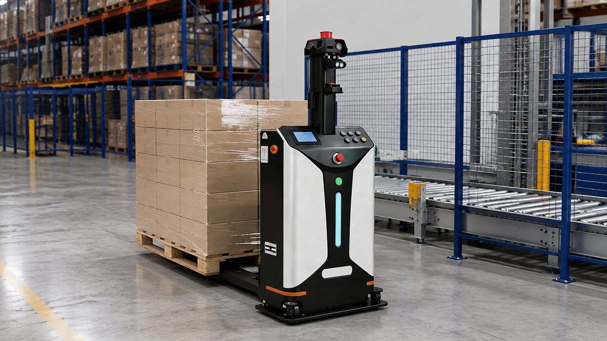 Automated pallet picking vehicle moving a wrapped pallet beside conveyor and storage racks