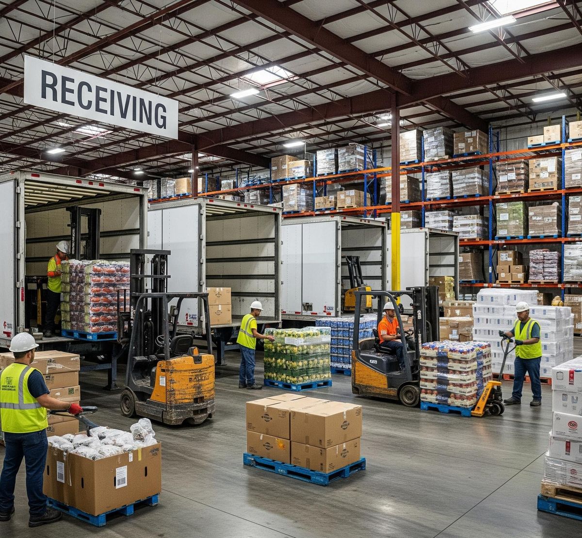 Material handling at a warehouse receiving dock with forklifts and pallet unloading