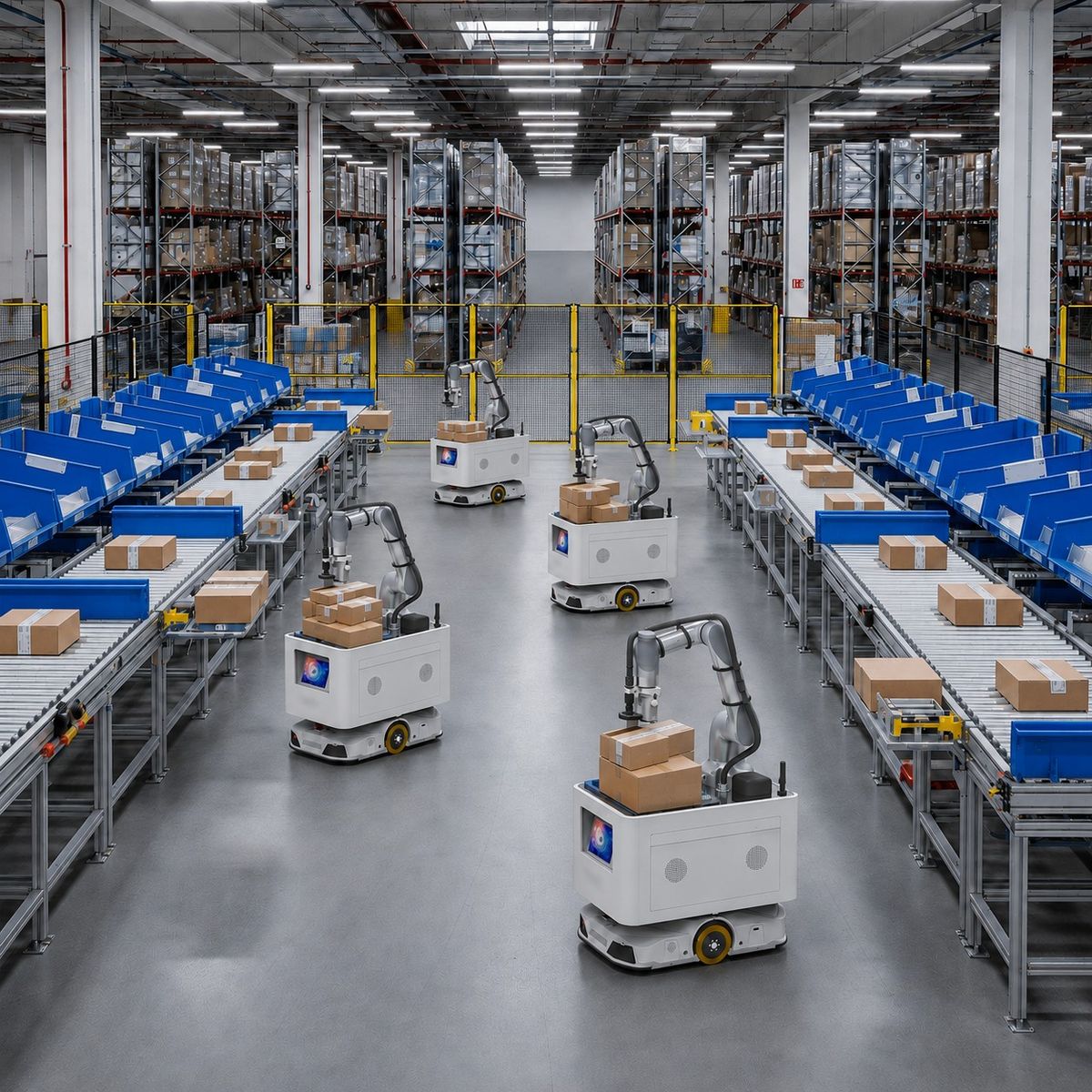 Robotic automated sortation cell with mobile robot arms, conveyors, and blue order bins in a warehouse