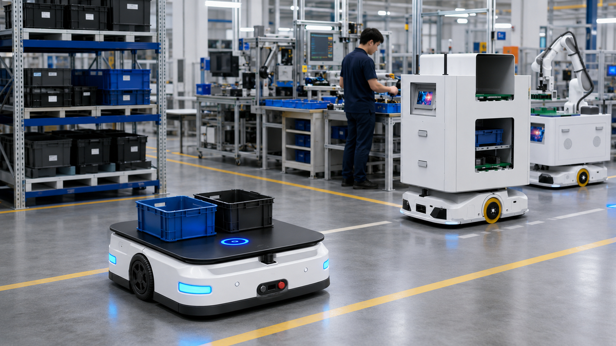 AMR and robot-assisted intralogistics moving bins and materials through a factory floor