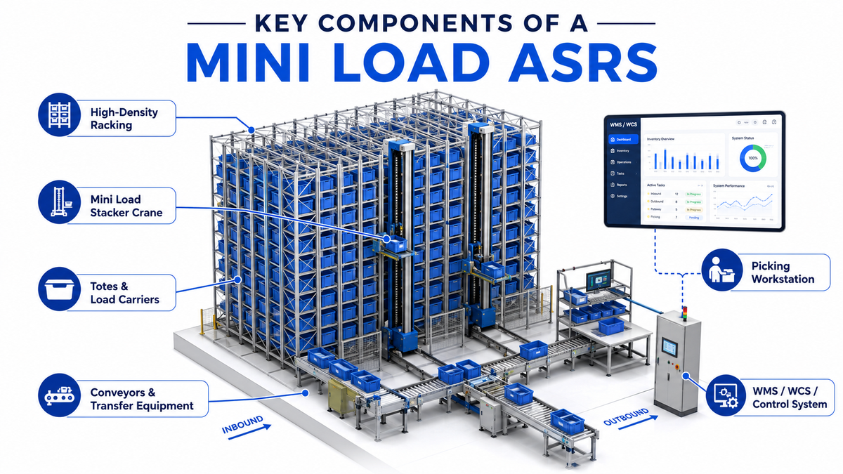 Key components of a Mini Load ASRS, including racking, stacker cranes, totes, conveyors, picking workstations, and WMS or WCS controls