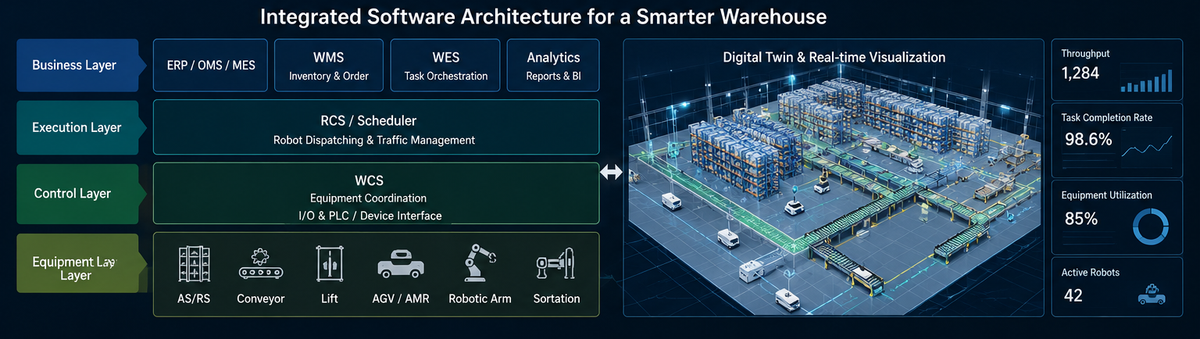 Integrated warehouse automation software architecture connecting business, execution, control, and equipment layers with a digital twin