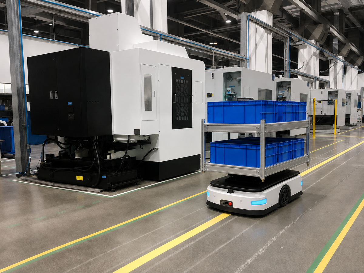 Mobile robot moving blue material bins between manufacturing machines