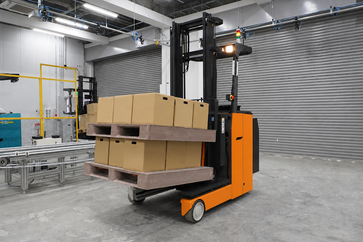 Automated forklift transporting stacked cartons on pallets
