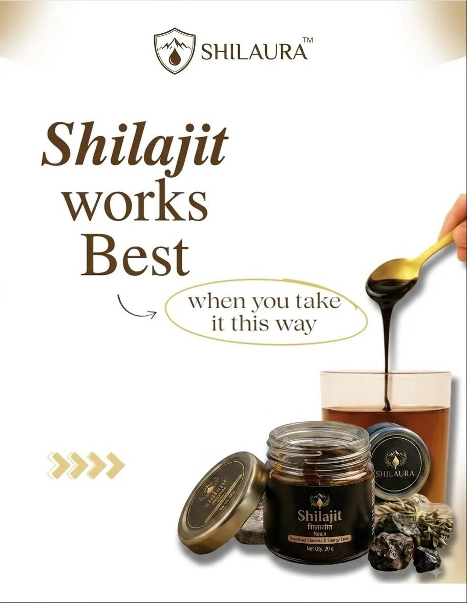 ચમચીમાંથી ટપકતું શિલાજીત અને SHILAURA બરણી — "Shilajit works best when you take it this way"