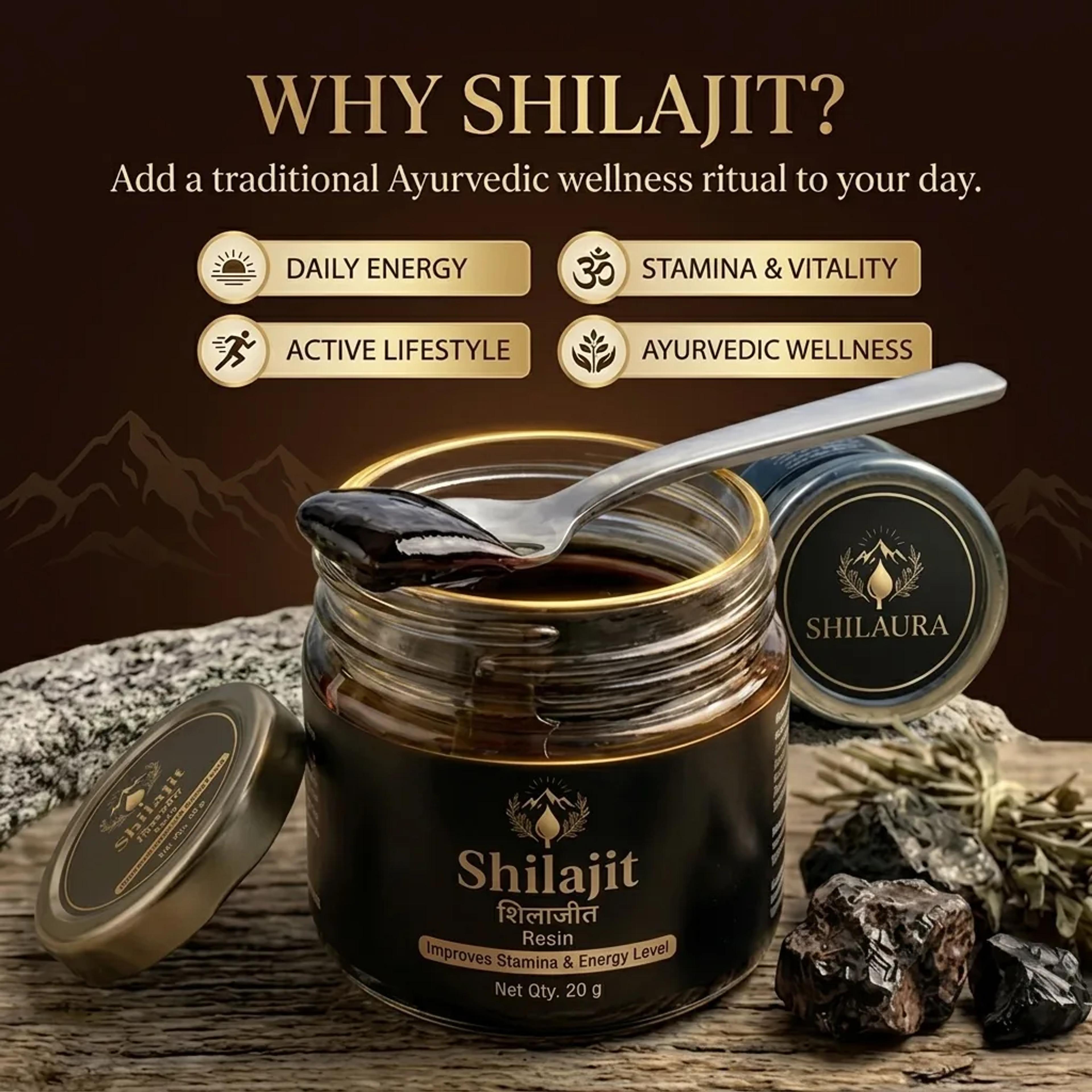 SHILAURA ગ્રાફિક "Why Shilajit?": ડેઇલી એનર્જી, સ્ટેમિના, એક્ટિવ લાઇફસ્ટાઇલ અને આયુર્વેદિક વેલનેસ — ચમચી સાથે શિલાજીતની બરણી