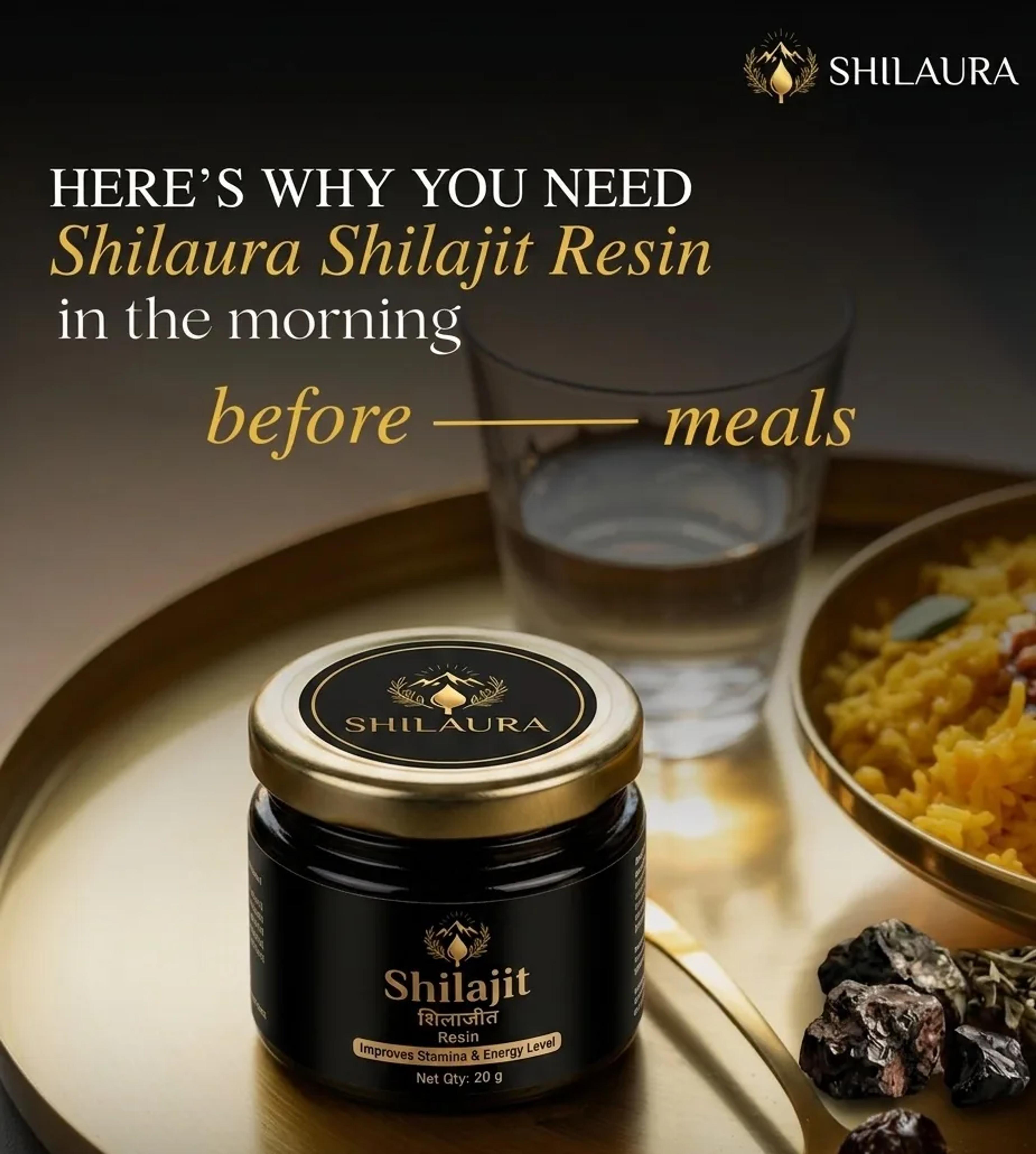 સોનેરી થાળી પર SHILAURA શિલાજીત રેઝિનની બરણી — "Here's why you need Shilaura Shilajit Resin in the morning before meals"