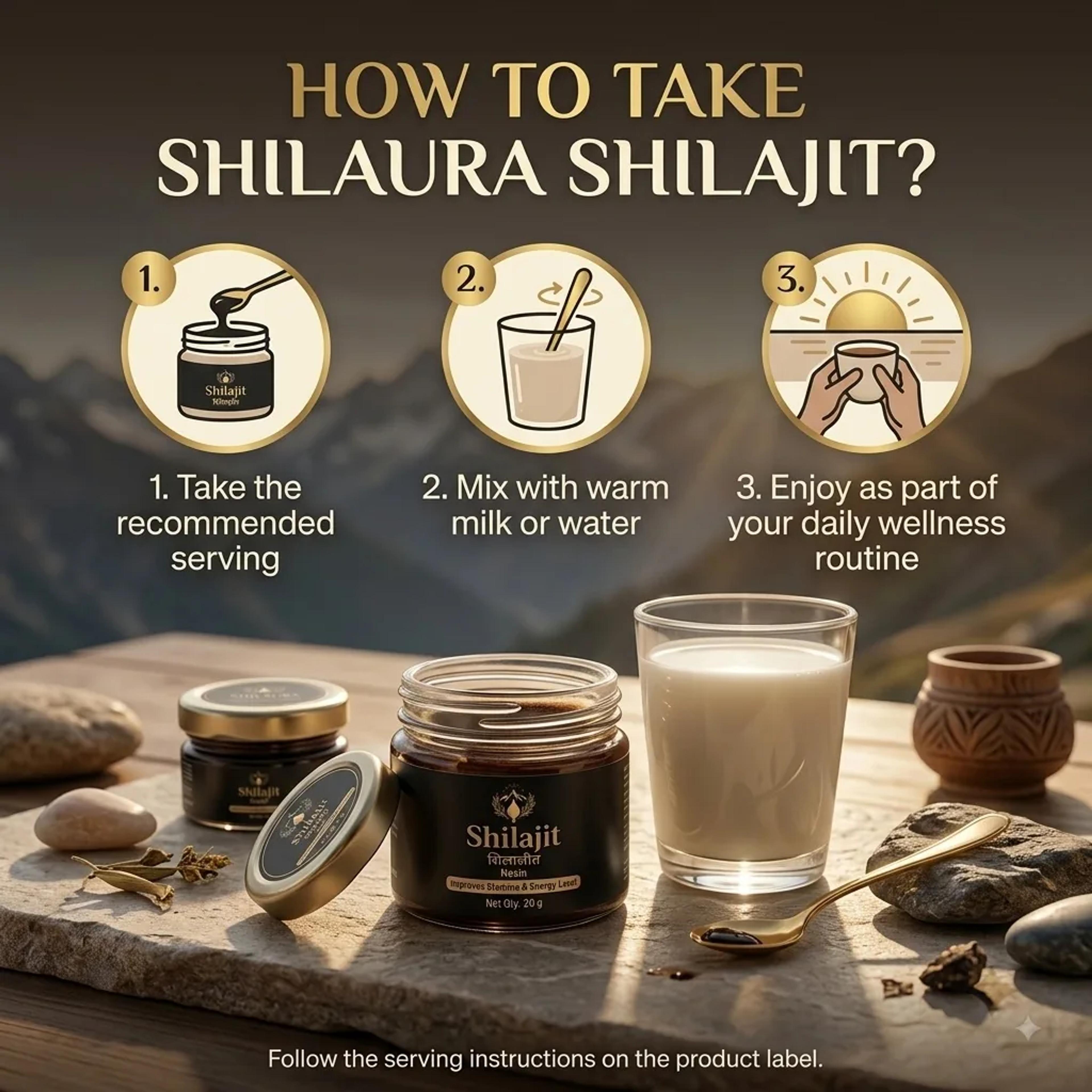 SHILAURA ગ્રાફિક "How to take": ભલામણ કરેલ માત્રા લો, ગરમ દૂધ કે પાણીમાં ભેળવો અને રોજિંદી દિનચર્યામાં સામેલ કરો — લેબલ પરની સૂચનાઓ અનુસરો