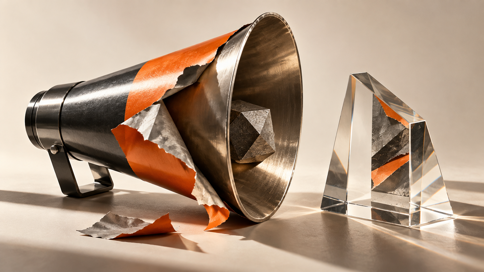 A metallic megaphone with its orange outer layer peeling back, beside a clear glass prism.