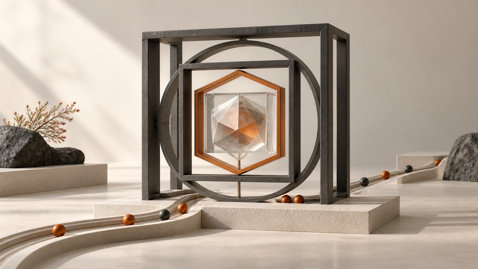 Abstract geometric guardrails surrounding a translucent automated decision system, representing human governance of AI media buying.