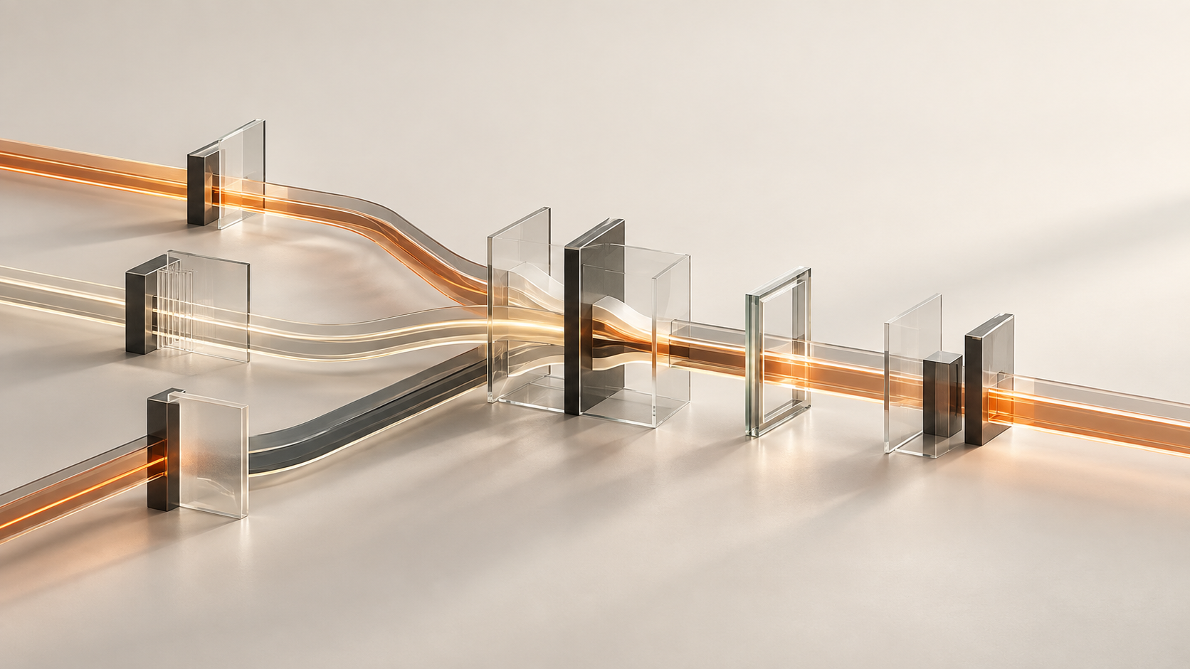 Abstract orange and neutral pathways pass through transparent control gates, representing oversight of automated search campaigns.