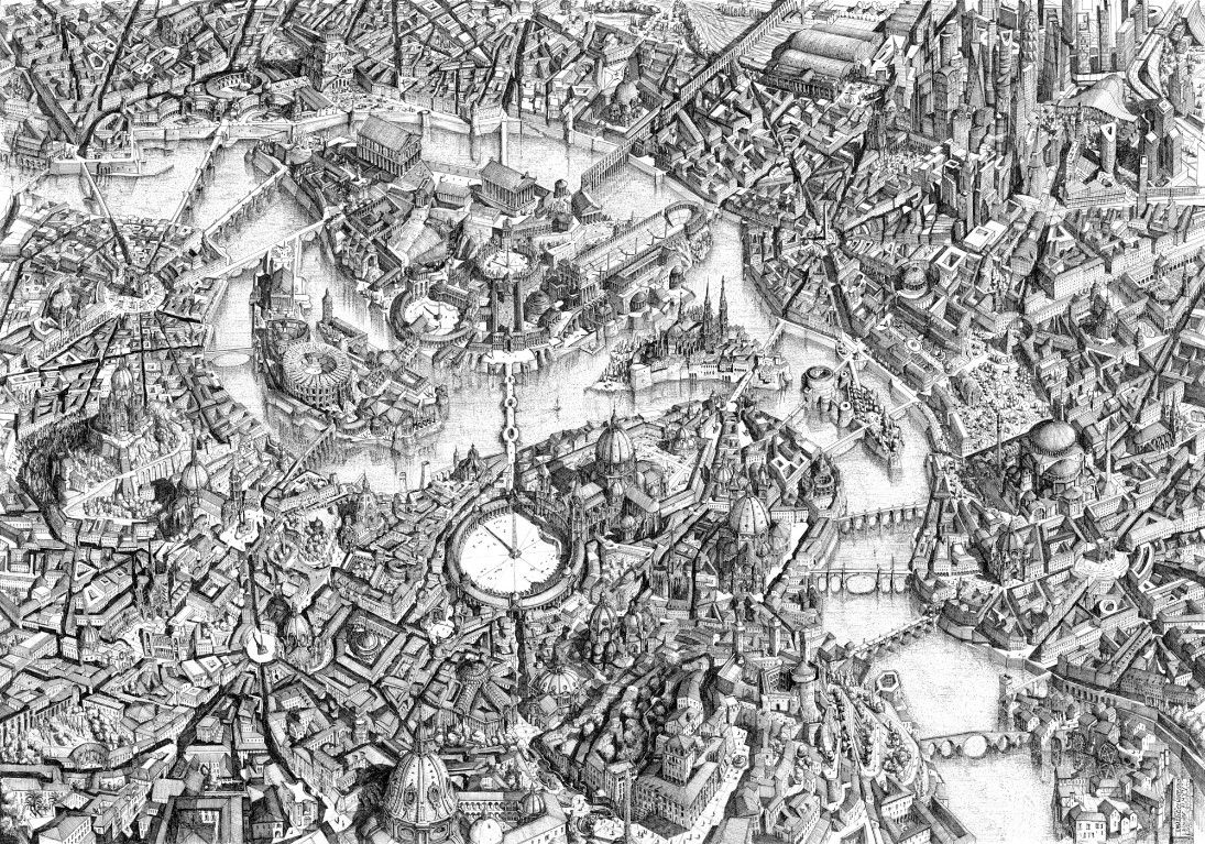 A black and white sketch of a city