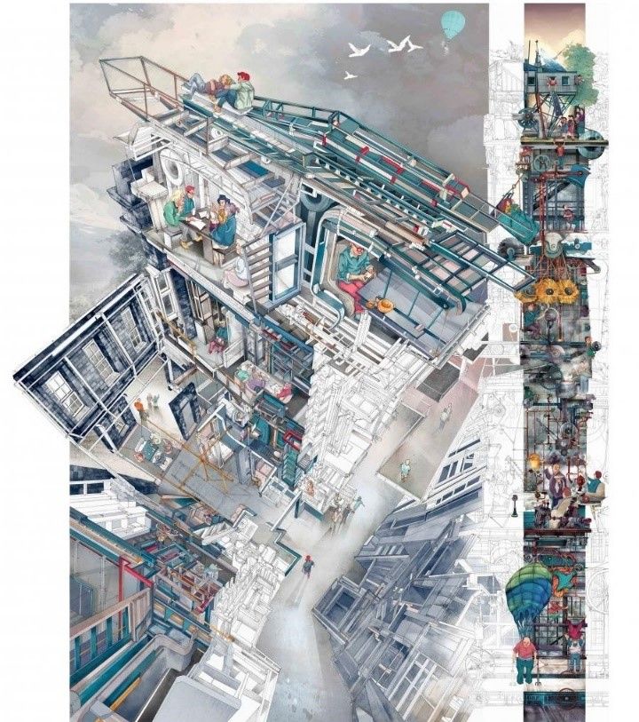 A digital drawing of an abstract setting