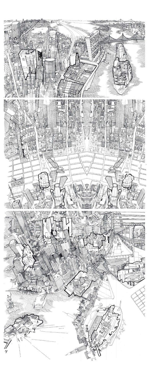 A black and white drawing of a city