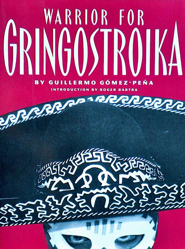 Book cover of masked face looking out from under a sombrero. Red background.