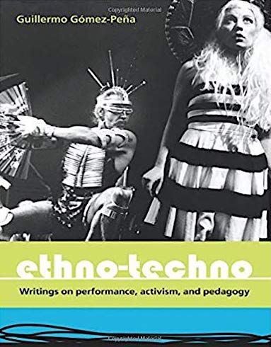 Book cover. GGP seated in ethno-techno attire and blond-haired woman standing in a dress with sombrero hat on.