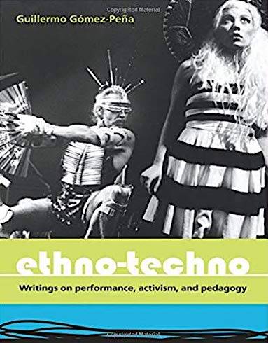 Book cover. GGP seated in ethno-techno attire and blond-haired woman standing in a dress with sombrero hat on.