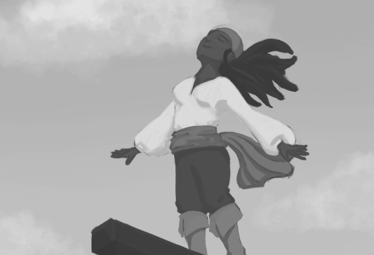 A female pirate in grayscale, standing on the edge of a ship with the wind in her hair.