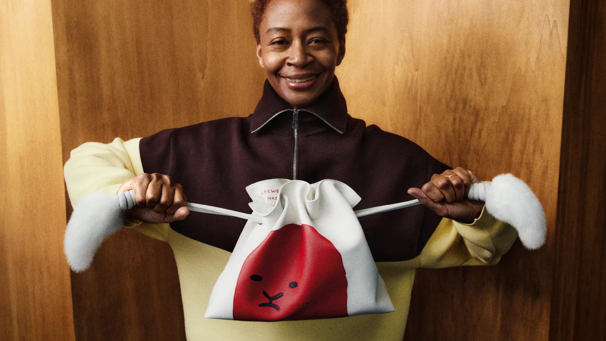 Artist Kara Walker in Loewe's anniversary campaign, holding the Amazona 180