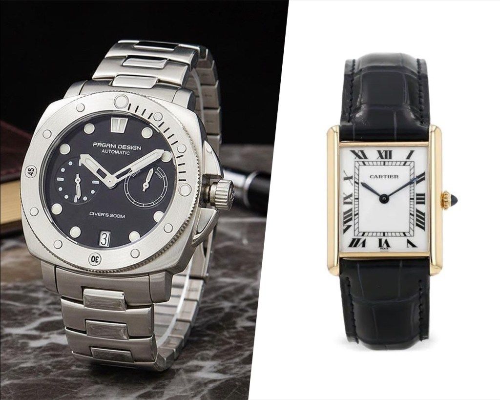 Vintage Cartier Tank dress watch beside an oversized steel sport watch,illustrating the 2026 shift toward smaller proportions.