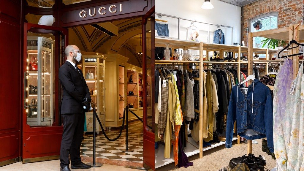 Split editorial image: a luxury boutique with uniformed doorman on the left, a curated secondhand vintage rail on the right.