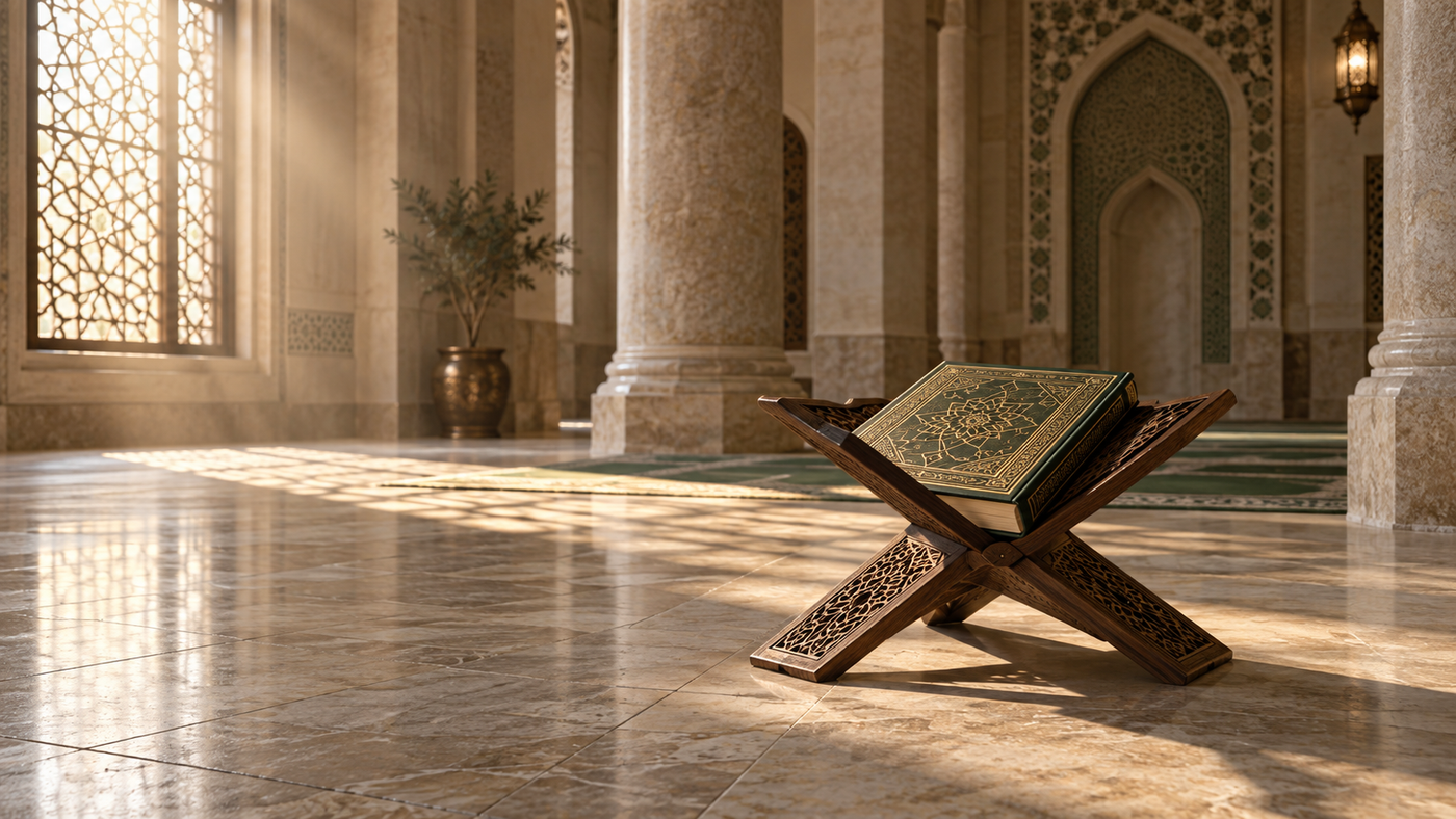 Een Qoerʿaan op een houten standaard in een moskee, met zonlicht door het traliewerk