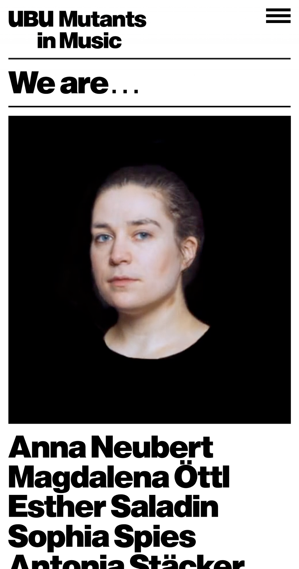 Screenshot of the Ensemble uBu Website showing the homepage with a portrait of Anna Neubert in the About section