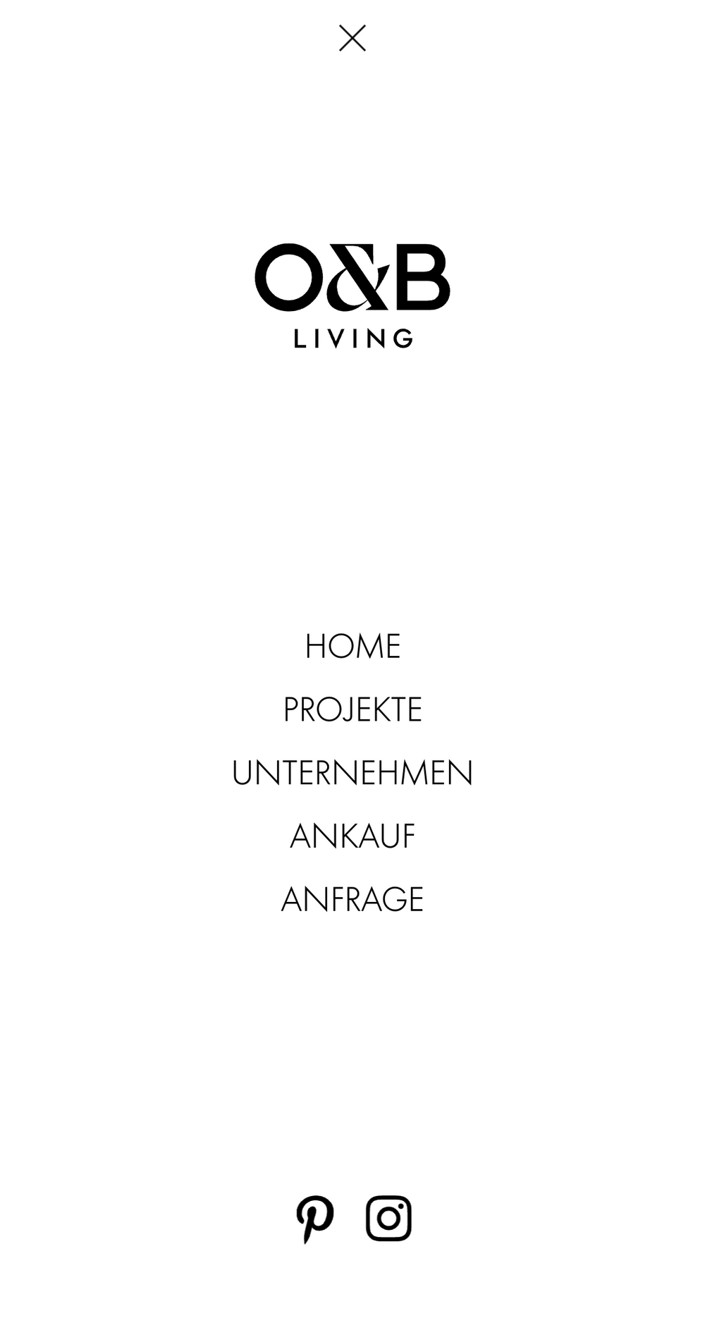 Screenshot from the O&B Living website showing the mobile menu
