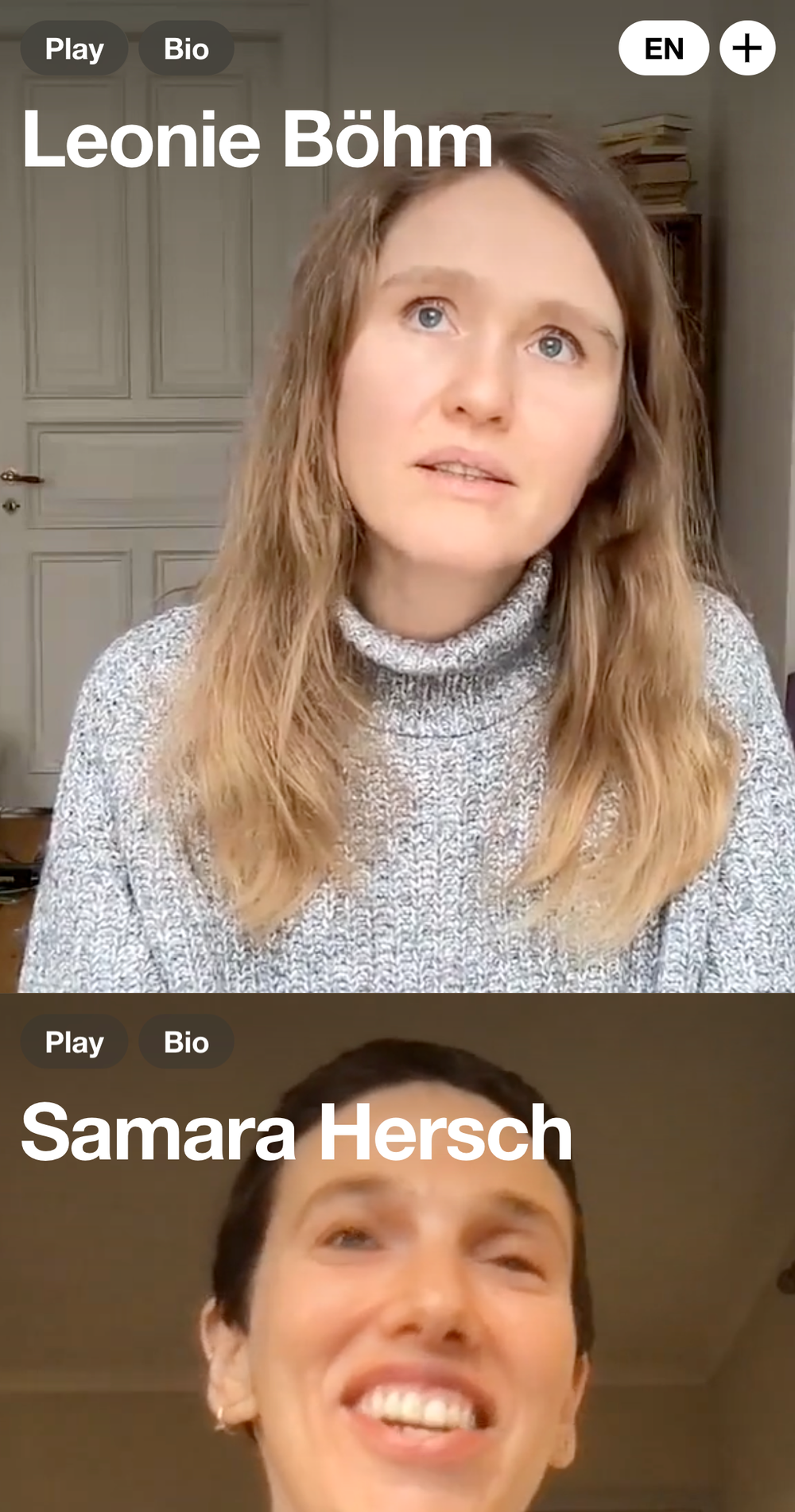Screenshot from the Modes of Operation mobile homepage with a headline reading the name Samara Hersch and a video showing Samara Hersch in the background