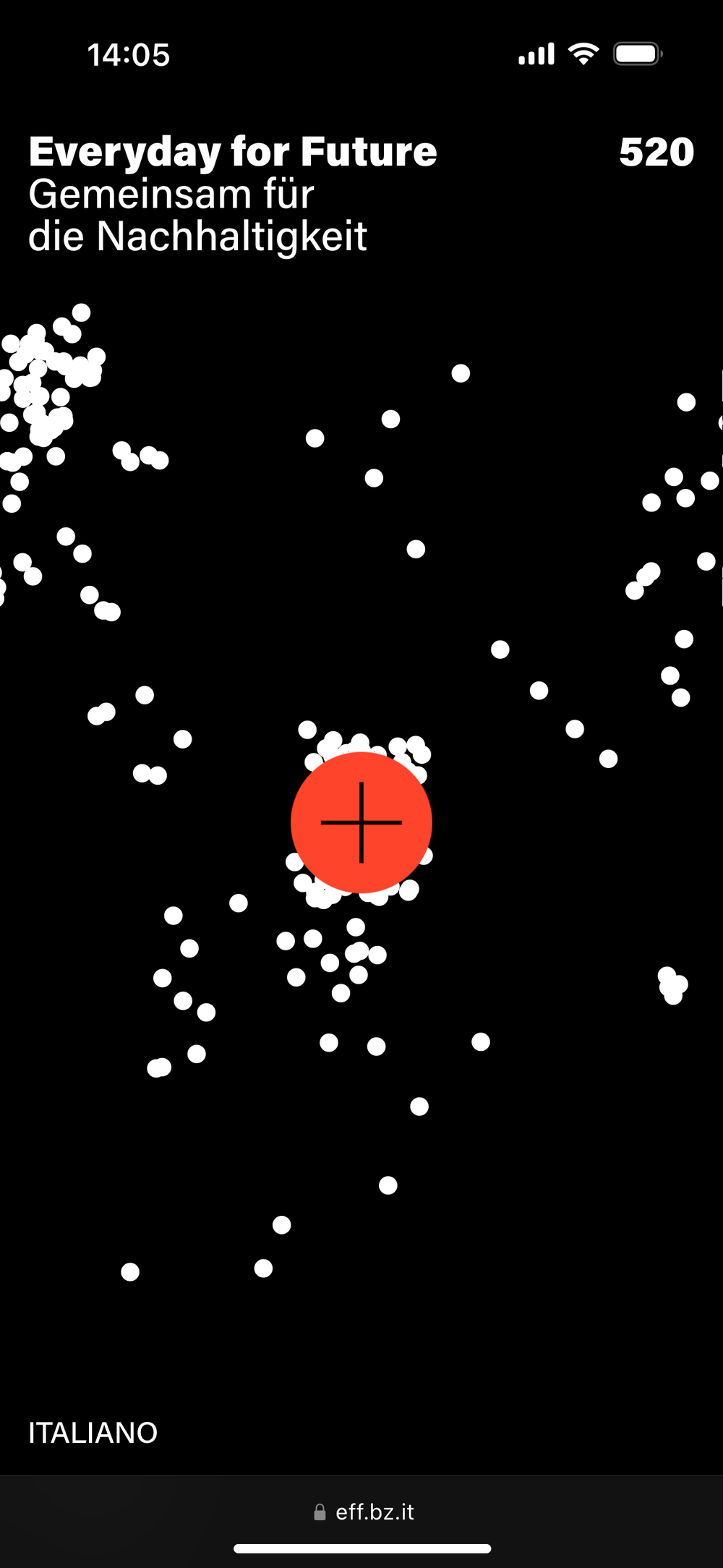 Screenshot from the mobile Everyday for Future homepage showing a red plus button in the center