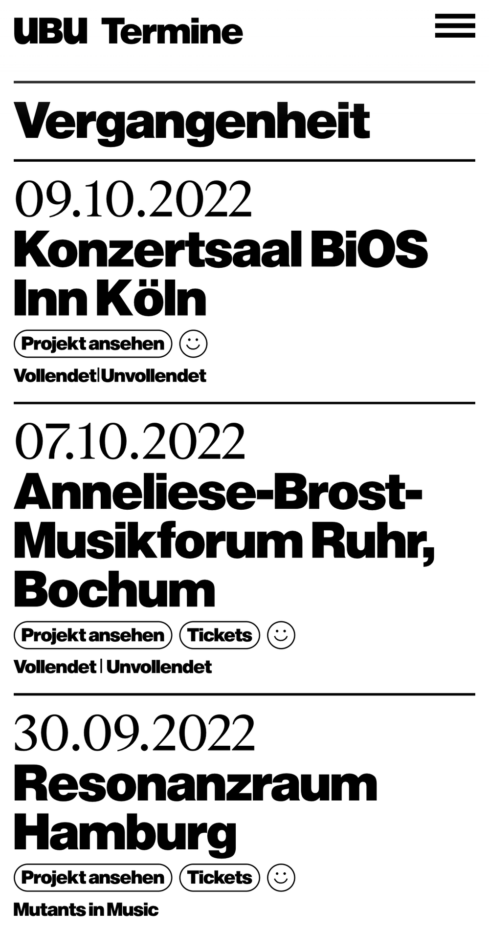 Screenshot of the Ensemble uBu Website showing the event page with a list of past events