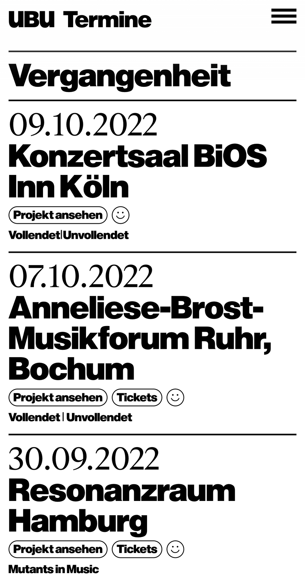 Screenshot of the Ensemble uBu Website showing the event page with a list of past events