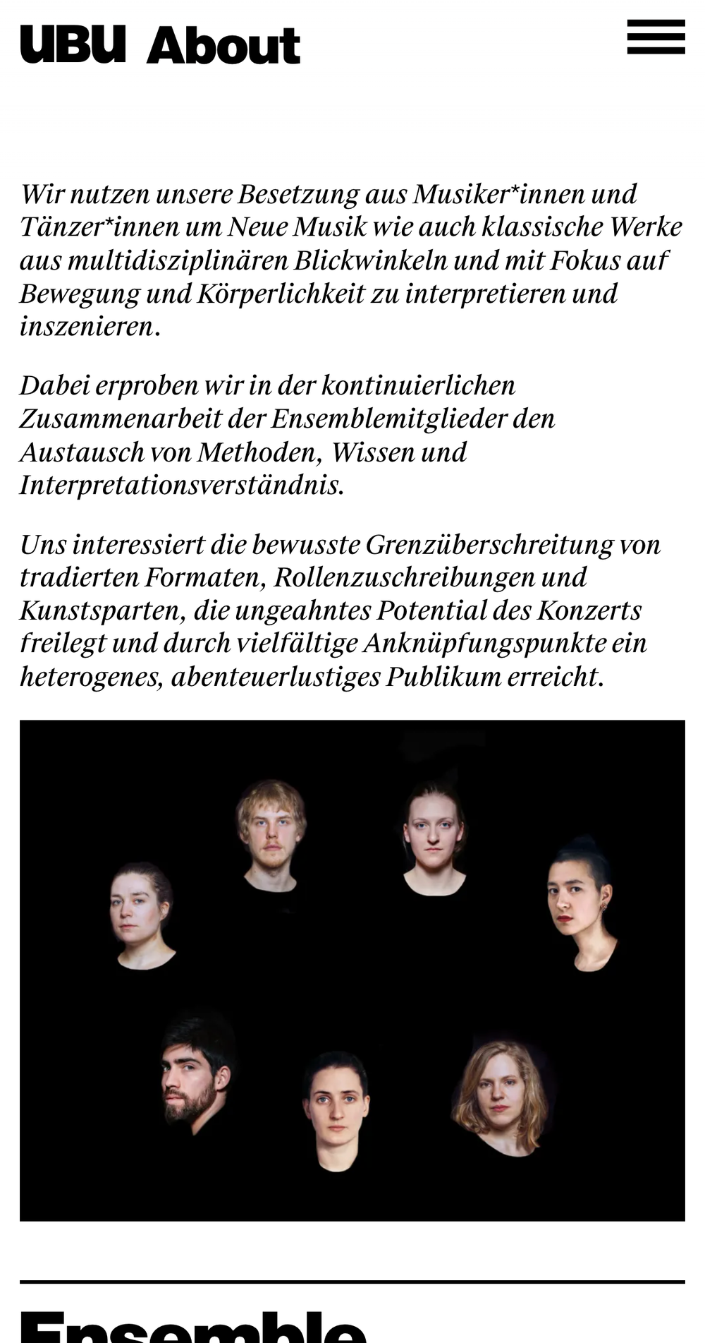 Screenshot of the Ensemble uBu Website showing the About page with an introduction and an image showing the seven ensemble members