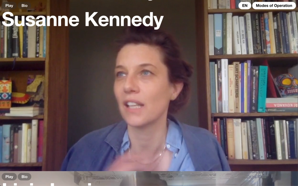 Screenshot from the Modes of Operation website with a headline reading “Susanne Kennedy” and an image of Susanne Kennedy in the background