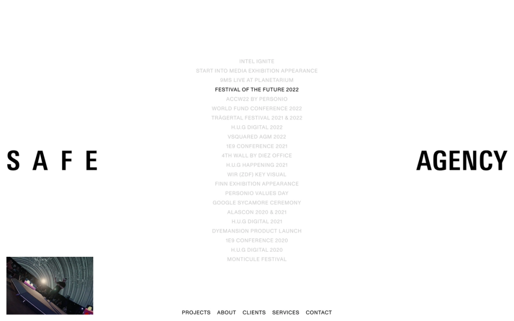 Screenshot of the Safe Agency website showing a list of projects and the Safe Agency logo