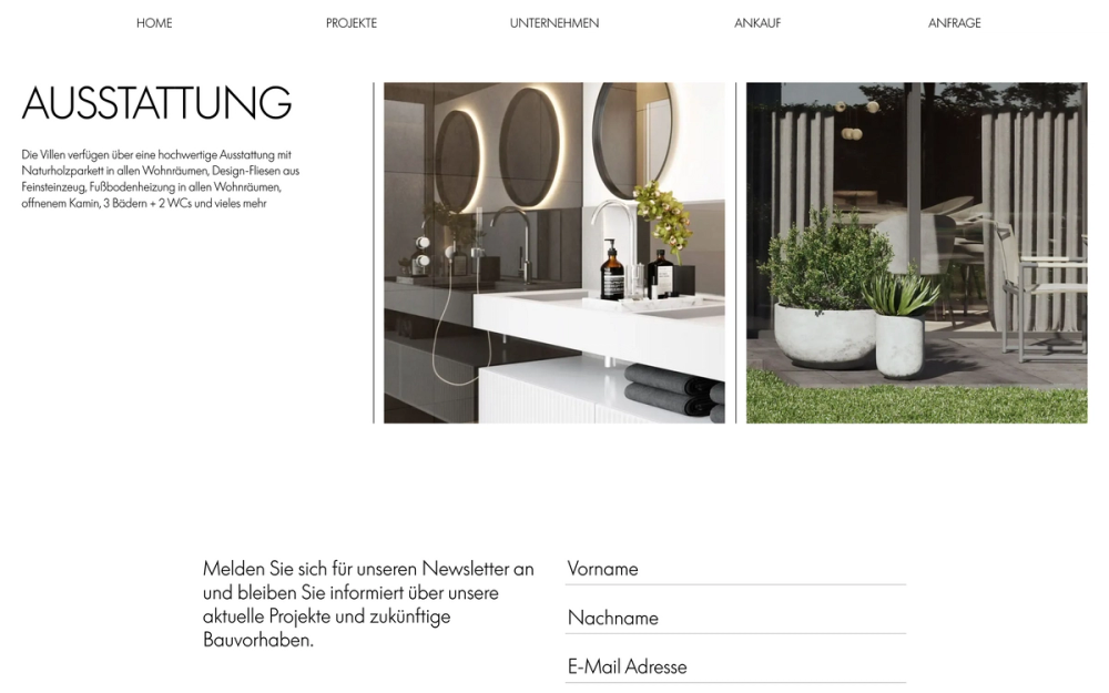 Screenshot from the O&B Living website showing a short text next to two images of a fancy interior