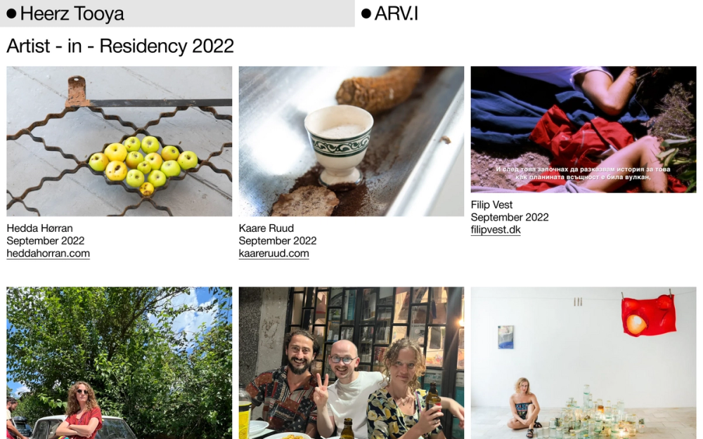Screenshot of the Heerz Tooya website showing the artist residency subpage with artists that stayed at the ARVInternational residency in Bulgaria