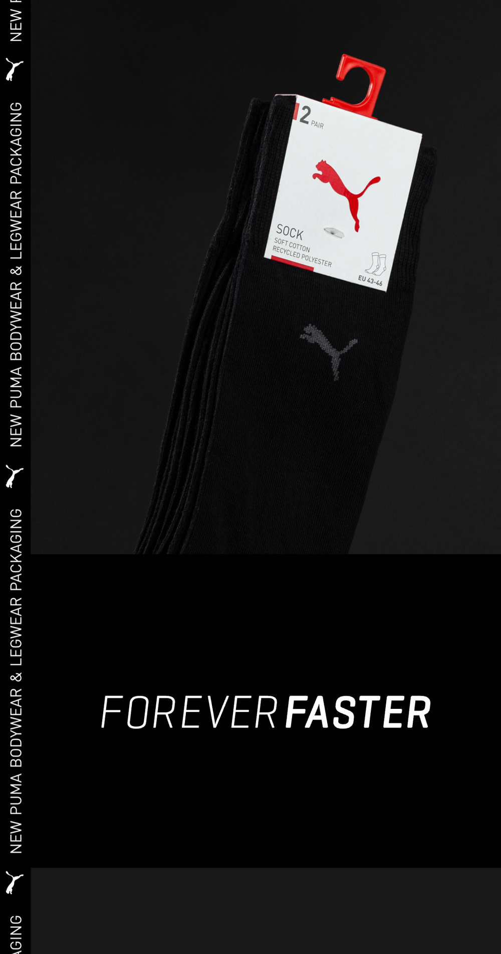 Screenshot of the Phase 2 Puma Bodywear mobile Website showing a photograph of black socks and a headline reading ”Forever Faster”