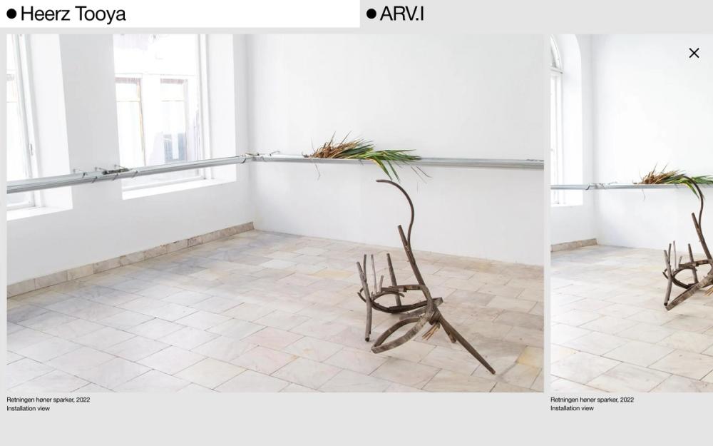 Screenshot of the Heerz Tooya website showing an exhibition subpage with a fullscreen image gallery opened