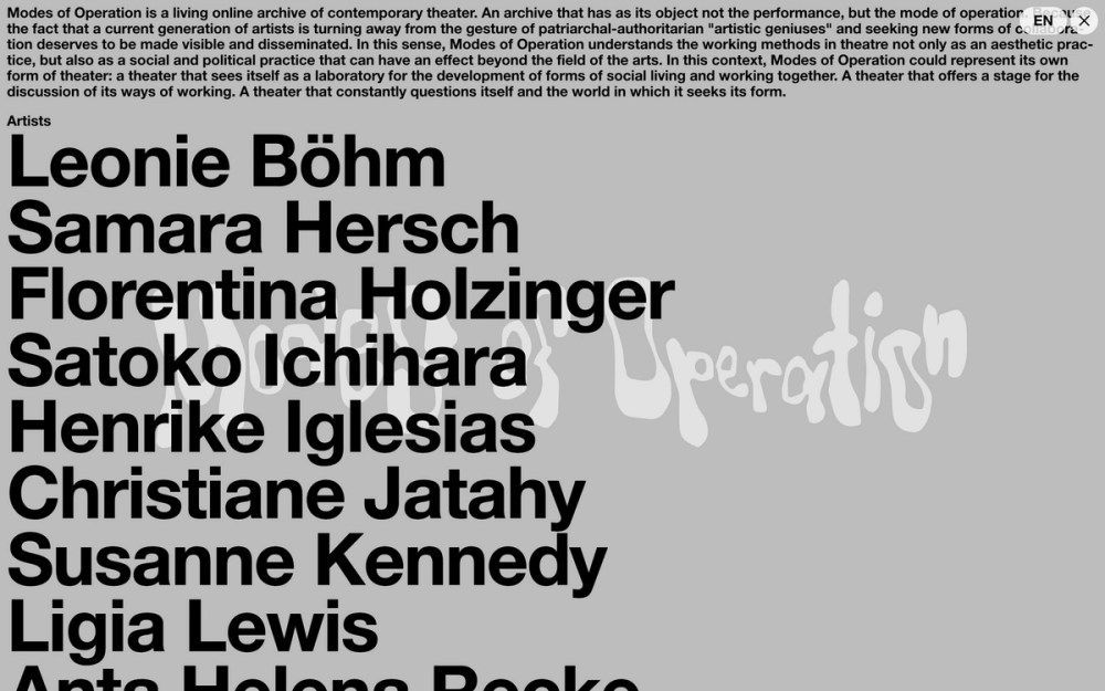 Screenshot from the Modes of Operation Desktop website showing the About subpage with a list of artist names and a small about text above.