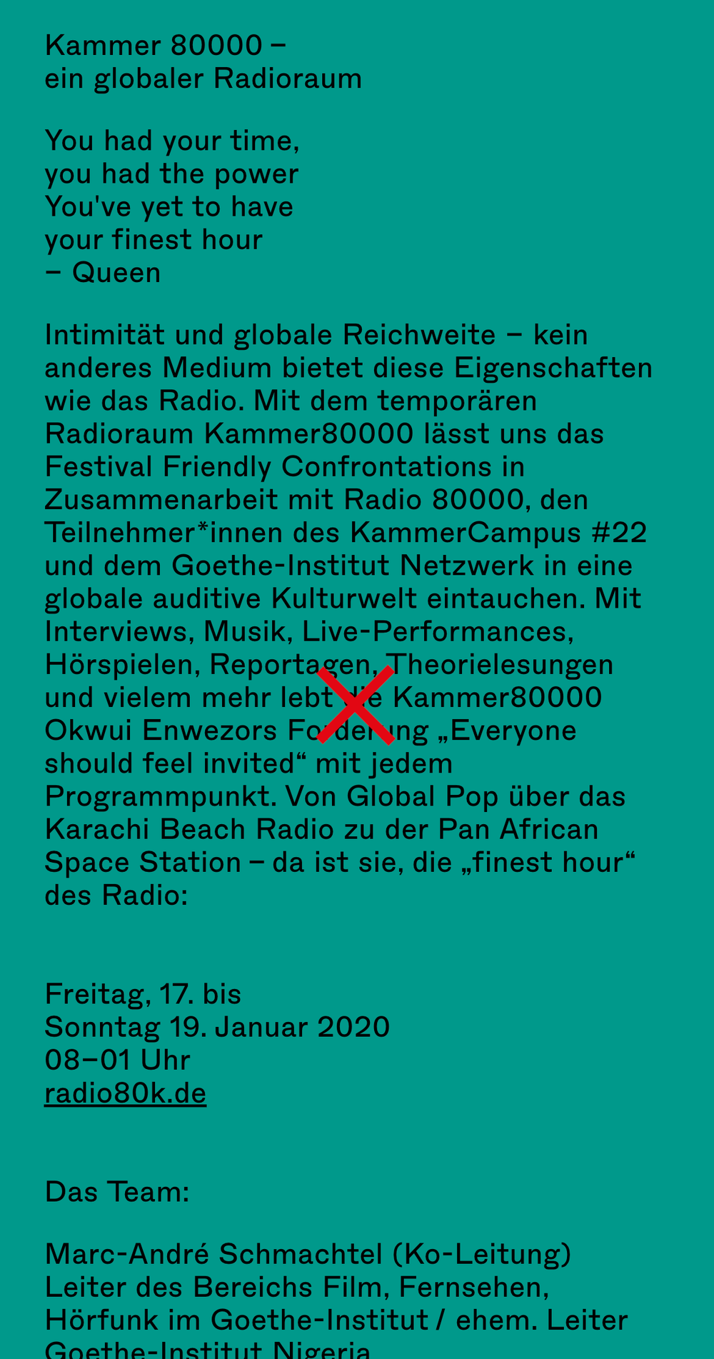 Screenshot of the mobile Kammer 8000 website showing the About page with a long about text