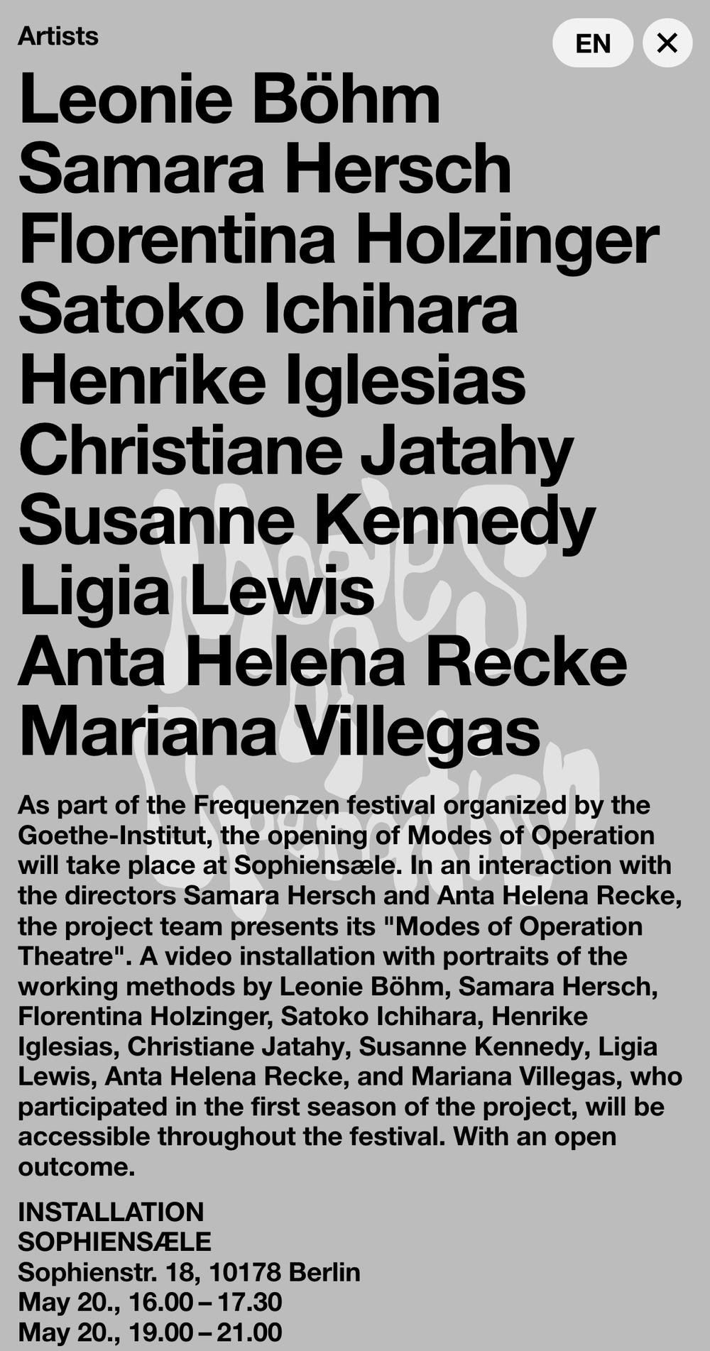 Screenshot from the Modes of Operation mobile website showing the About subpage with a list of artist names and a small about text below.