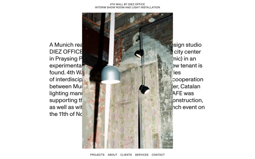 Screenshot of the Safe Agency website showing a project subpage with an image of a designer lamp in front of a text paragraph